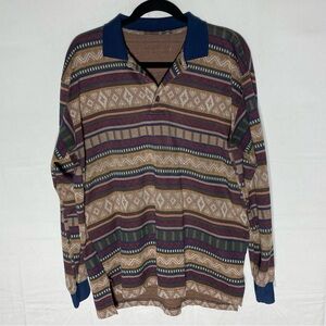 Vintage The Bay Tan Burgundy Navy Striped Multi Print Long Sleeve Polo Shirt S